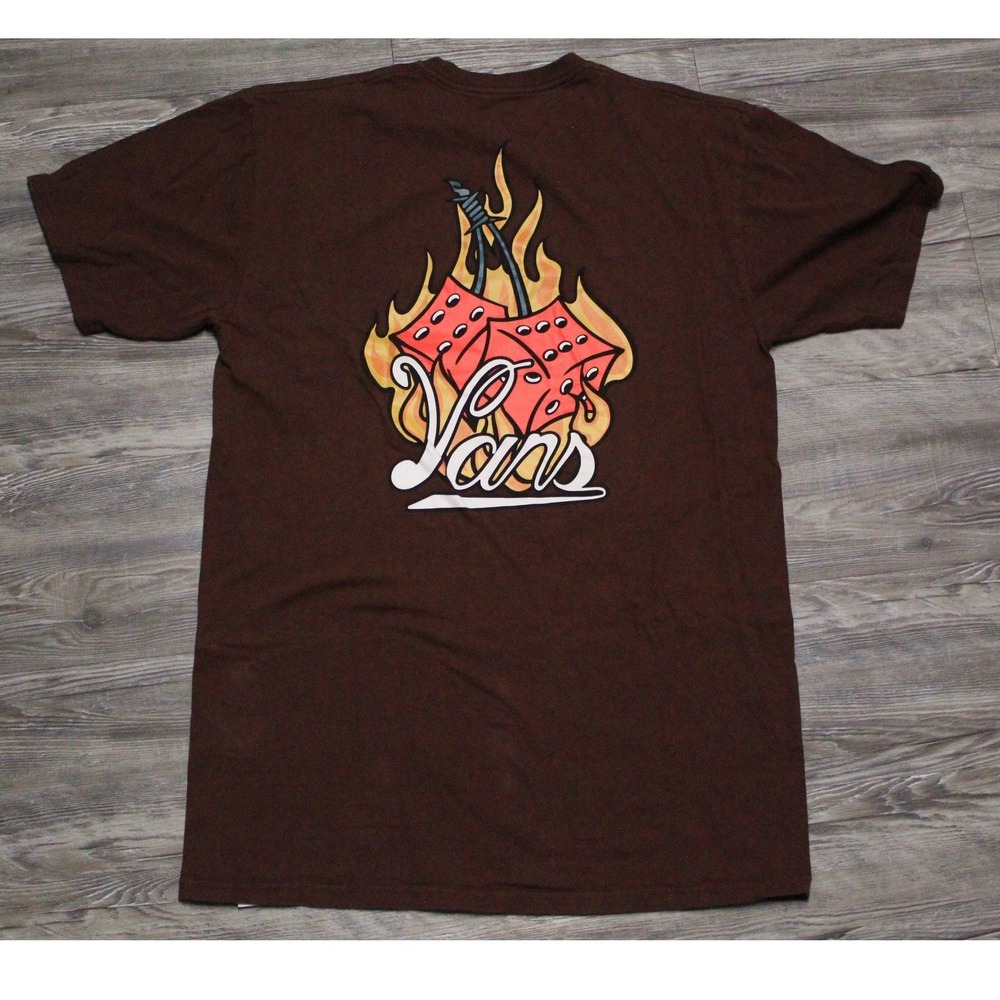 Vans Mens Classic Fit Brown Graphic T-Shirt Flaming Dice Large Short Sleeve